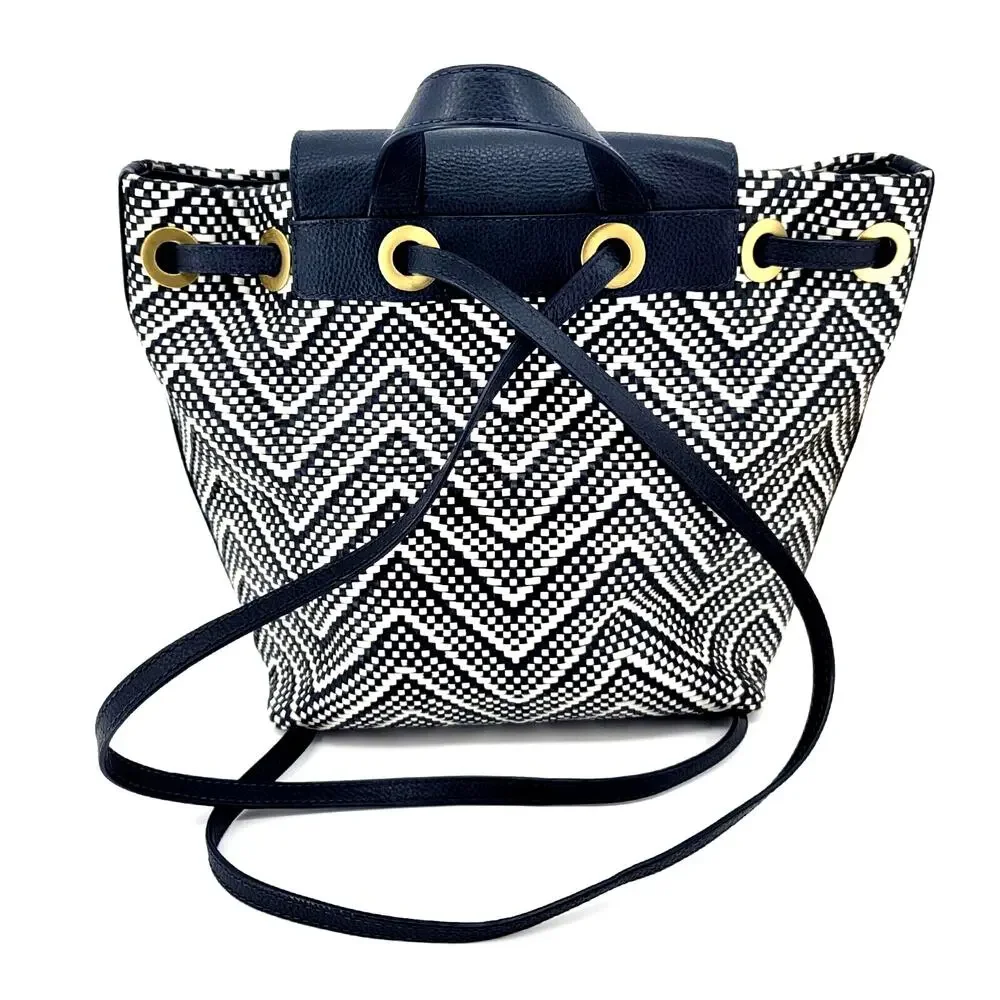 Michael Kors Junie Medium Drawstring‎ Backpack Navy White Chevron Woven Leather